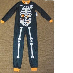 Skeleton Halloween Pajamas 10/12 Glow in Dark Black Fleece 1 Piece Zip Up Kids